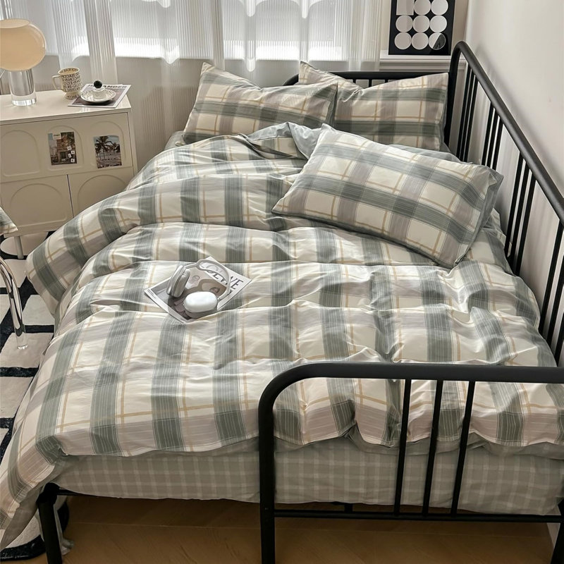 Modern Design 100% Cotton Duvet Cover Set, Queen Duvet Cover + 2 Standard Pillowcases, Green Plaid