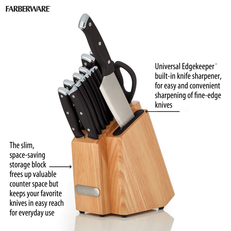 Black 14-Piece Knife Block Set with Built-In Sharpener