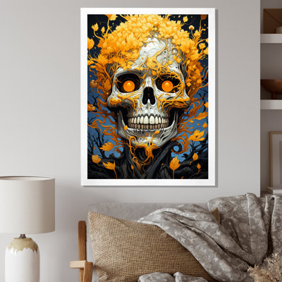 "Tête de mort souriante avec fleurs jaunes d'Halloween", reproduction sur toile