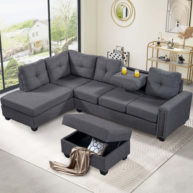 Canapé modulaire réversible en L avec repose-pieds Rivet, Lin gris