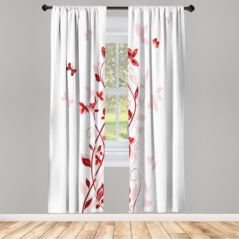 Microfiber Floral Semi-Sheer Rod Pocket Curtain Panels, 28" W x 63" L, Light Pink/Red/White