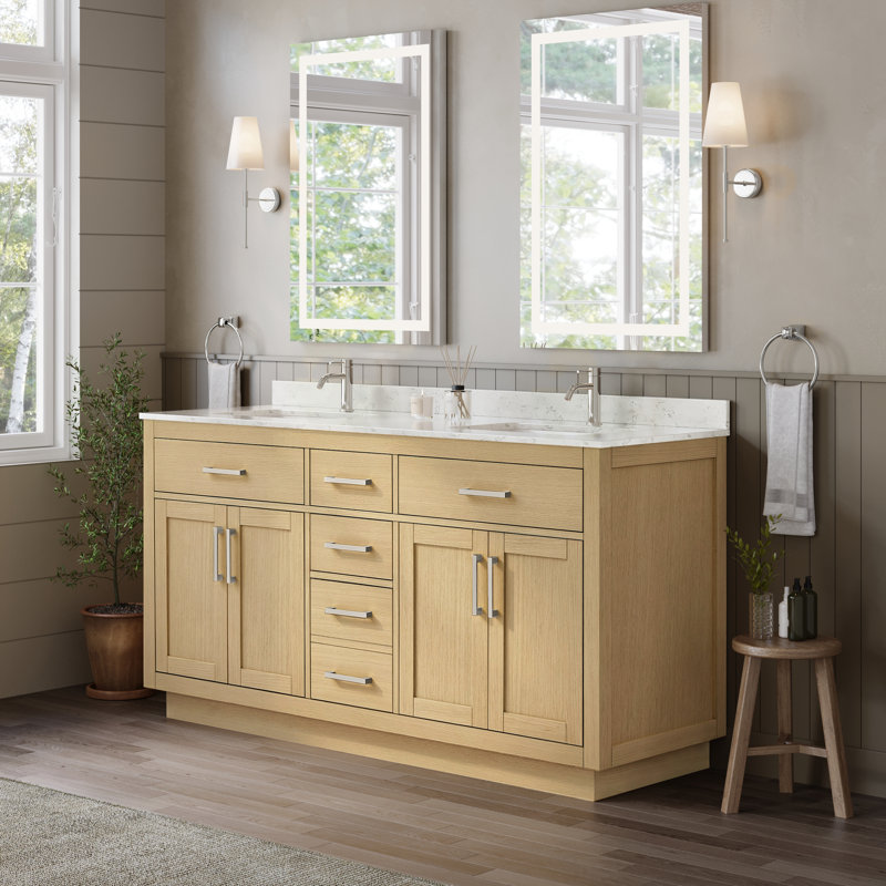 Meuble-lavabo double Beckett, Chêne gouffre, Brushed Nickel, Marbre de culture de Carrare