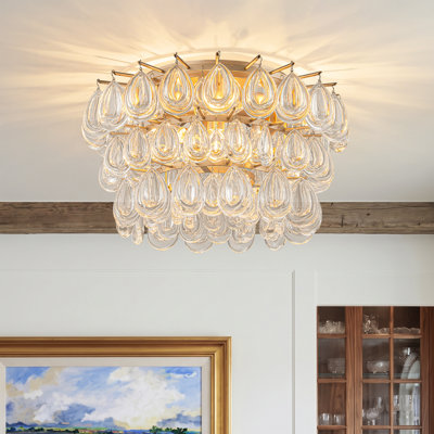 Brass Tiered Crystal Ceiling Chandelier with Four Lights