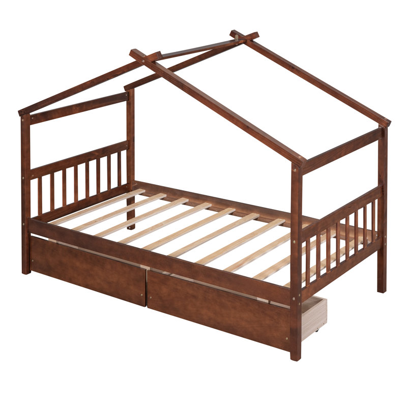 Lit simple en bois avec tiroirs, Noyer, Lit simple