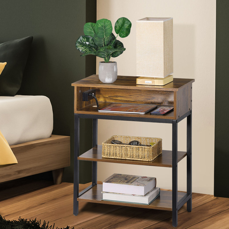 End Table and Built-In Outlets, Brown Top/Black Base