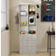 Armoire de rangement mince de 73 po de hauteur, armoire de rangement multimédia à 3 niveaux avec 3 tiroirs et 2 crochets, étagères de rangement pour bibliothèque, CD, DVD, armoire de rangement console de jeu - blanc antique
