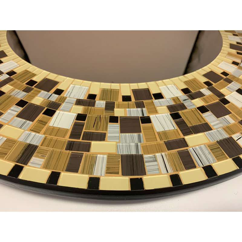 Zorigs Mosaic Mirror, Wall Art Décor – Handcrafted Decorative Wall Mirror, Brown Mosaic Mirror, 24” Frame, 14" Round Mirror for Hallway, Bedroom, Bathroom, Living Room
