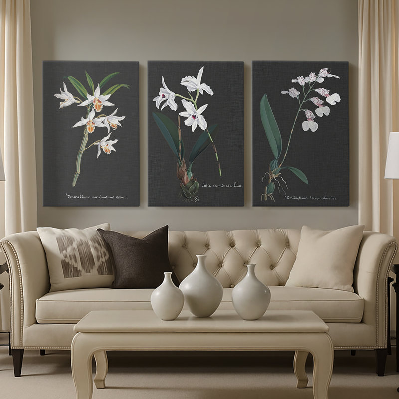Orchidée sur ardoise IV - Toile tendue sur mesure avec châssis - 3 pièces, H 12 po x l 24 po