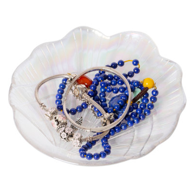 Fabulaxe Iridescent Glass Catchall Clam Shell Jewellery Tray Soap Holder Trinket Dish Ring Plate Vanity Organizer Bathroom Countertop Accent Coastal Inspired Bedroom Decor Piece and Nautical Display
