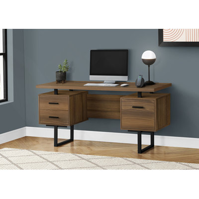 Bureau d'ordinateur contemporain de 60 pouces avec tiroirs de rangement, configuration réversible à gauche ou à droite pour le bureau à domicile, stratifié noyer et structure en métal noir