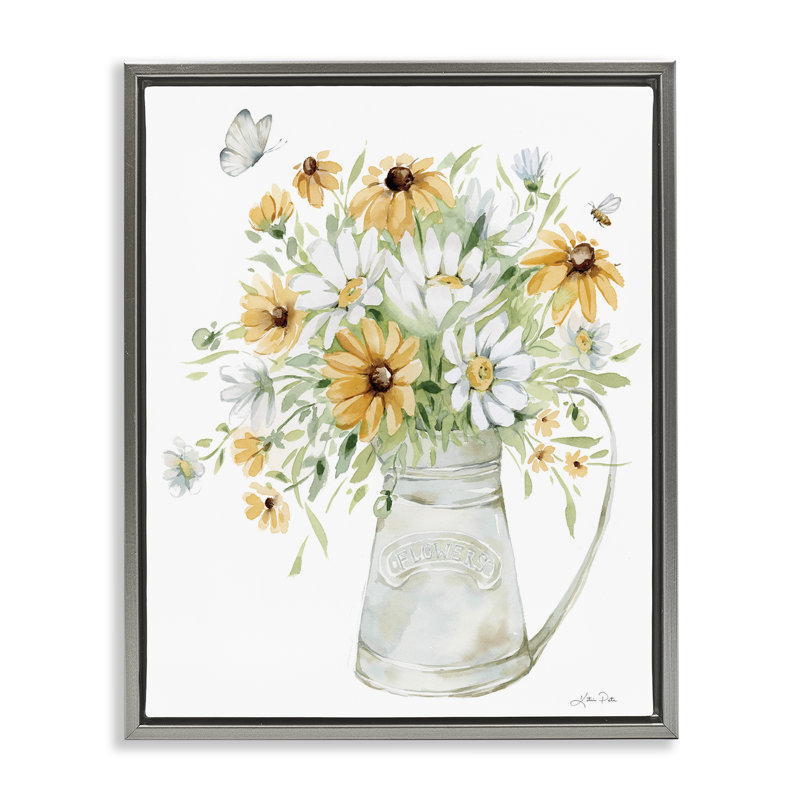 "Sunflowers & Daisies Vase", art mural encadré par Katrina Pete, Cadre flottant gris lustré, H 21 po x l 17 po