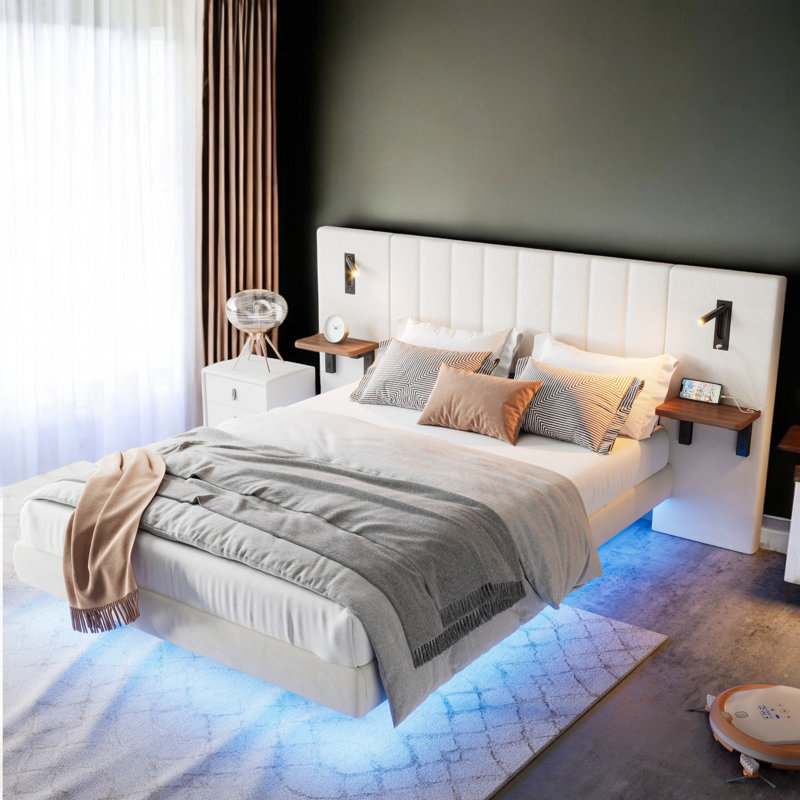 White Velvet Upholstered Bed With 2 Bedside Lamps, Headboard Storage Function, With Charging Socket, With Light Strip Under The Bed