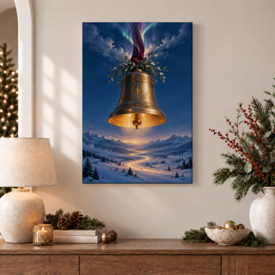 Art mural sur toile Glowing Golden Bell Over Snowy Mountain Valley Christmas