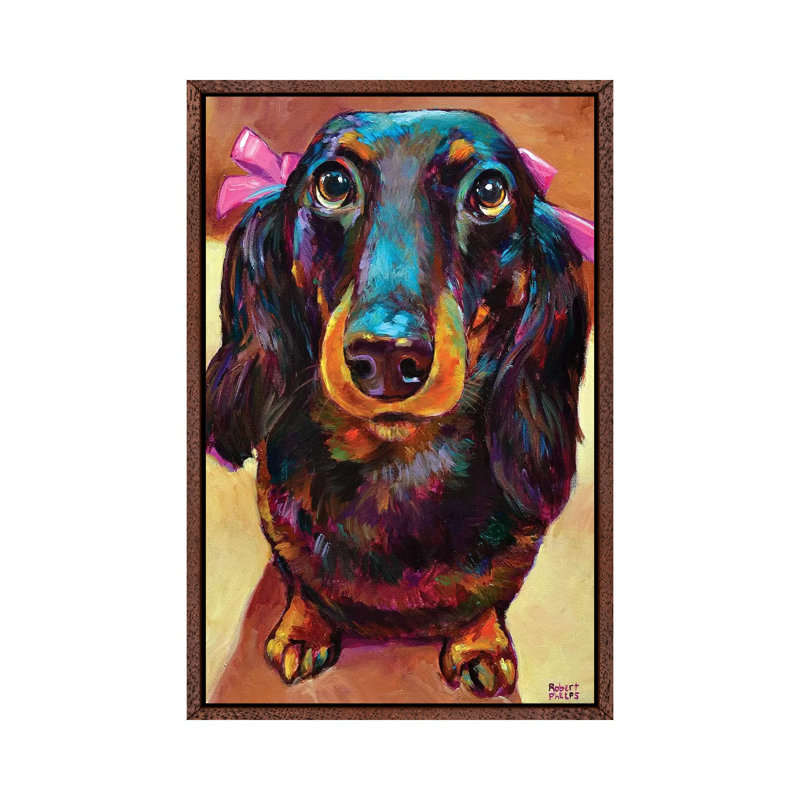 Roxy The Dachshund by Robert Phelps - Painting on Canvas, 66.04 cm H x 45.72 cm W, Classic Brown Wood Framed