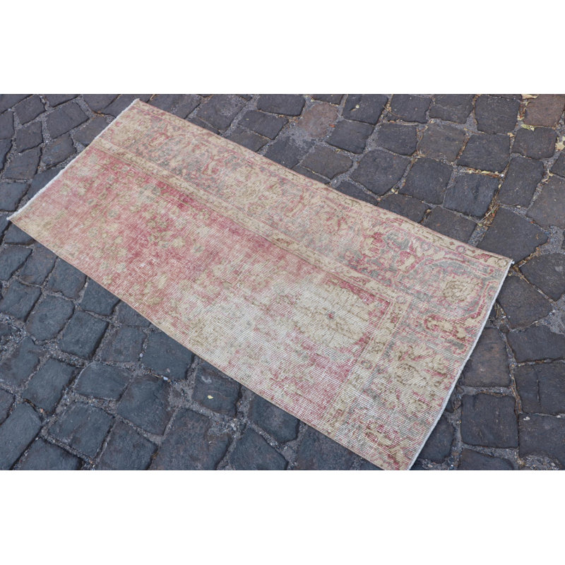 Vintage Turkish Oushak Rug with Fringe - Small Faded Red Bathroom Accent Rug