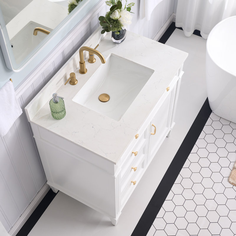 Meuble-lavabo en bois massif H 35 po x l 36 po Jayseon avec comptoir en quartz blanc Carrera et lavabo, Blanc