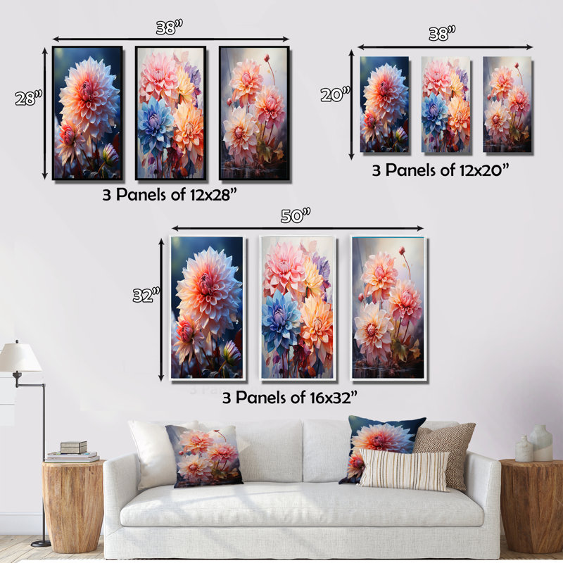 «Pink Dahlia Romantic Impression», 3 pièces sur toile, Toile tendue, H 28 po x l 36 po