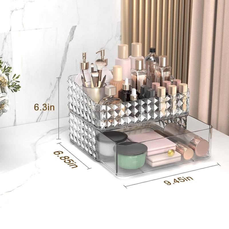 Organisateur de maquillage empilable avec tiroir et plateau pour les cosmétiques, les bijoux, les accessoires pour cheveux - Matériau en PET durable, design élégant en losange, tiroirs coulissants lisses