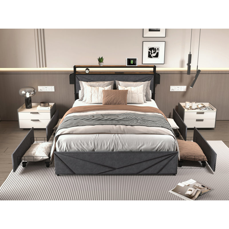 Grandes bases de lit avec 4 tiroirs de rangement et station de charge, Grand