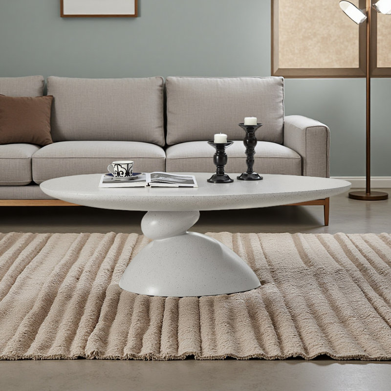 Table basse 47,27 "ovale en pierre, moderne et minimaliste en fibre de verre avec base de table sculpturale pour salon, Gris