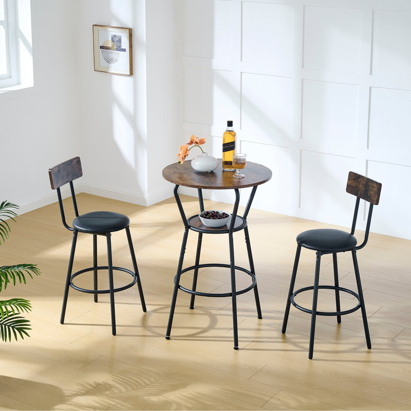 Round bar table and stool set with shelf, upholstered stool with backrest, Rustic Brown