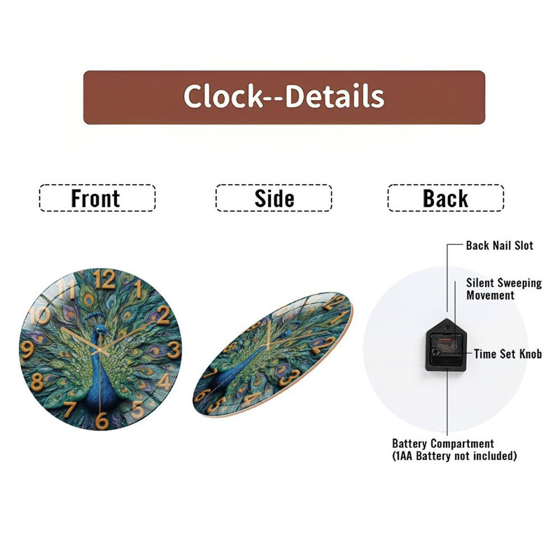 Horloge avec paon - horloge murale moderne en verre 12 po