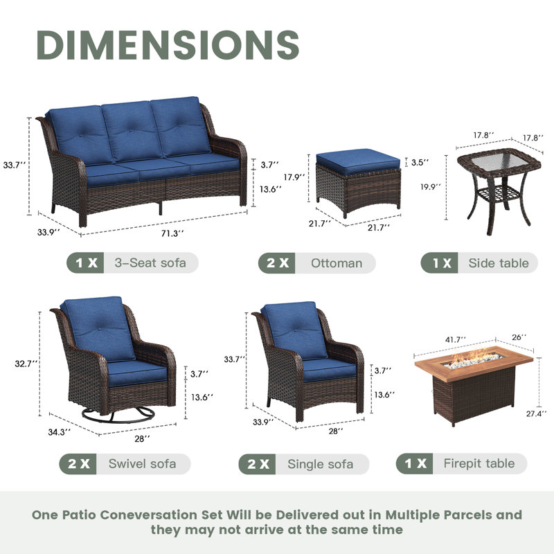 Ensemble de conversation d'extérieur en rotin 9 pièces avec canapé 3 places, fauteuils avec accoudoirs et repose-pieds, Brun