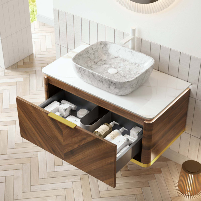 Meuble-lavabo de salle de bain, meuble de rangement flottant en contreplaqué avec capteur de lumière, tiroir, vasque rectangulaire en céramique à motif de marbre et plateau en pierre frittée, pré-assemblé