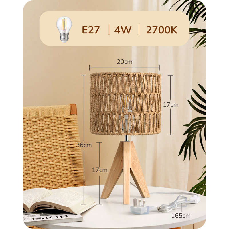 36cm Solid Wood Tripod Lamp With Rope-Woven Lampshade (Bulb Included)