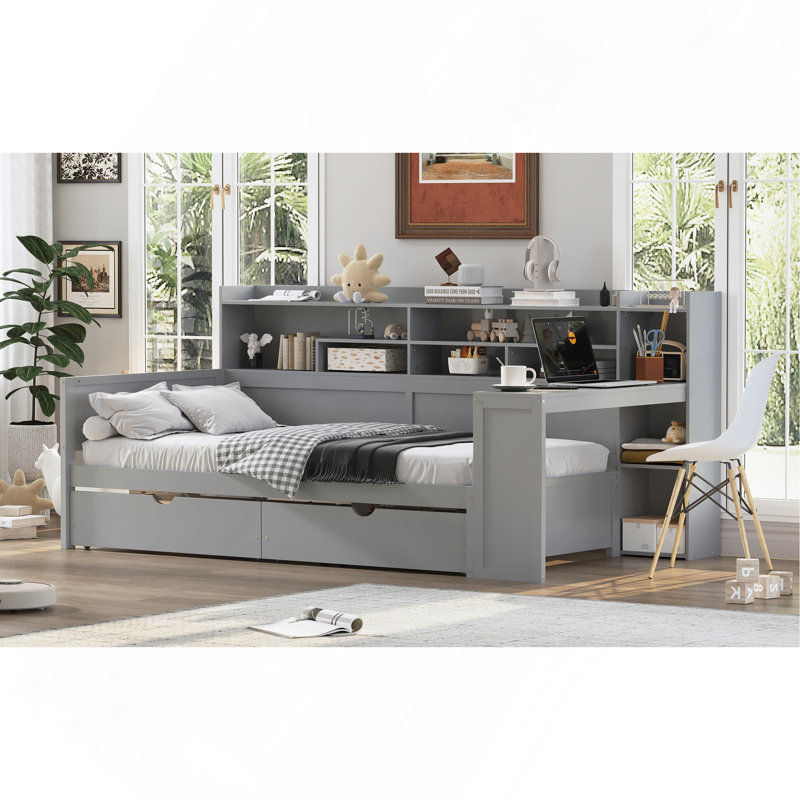 Lit de jour simple en bois avec tablettes de rangement, lit multifonctionnel avec deux tiroirs de rangement et bureau d'étude