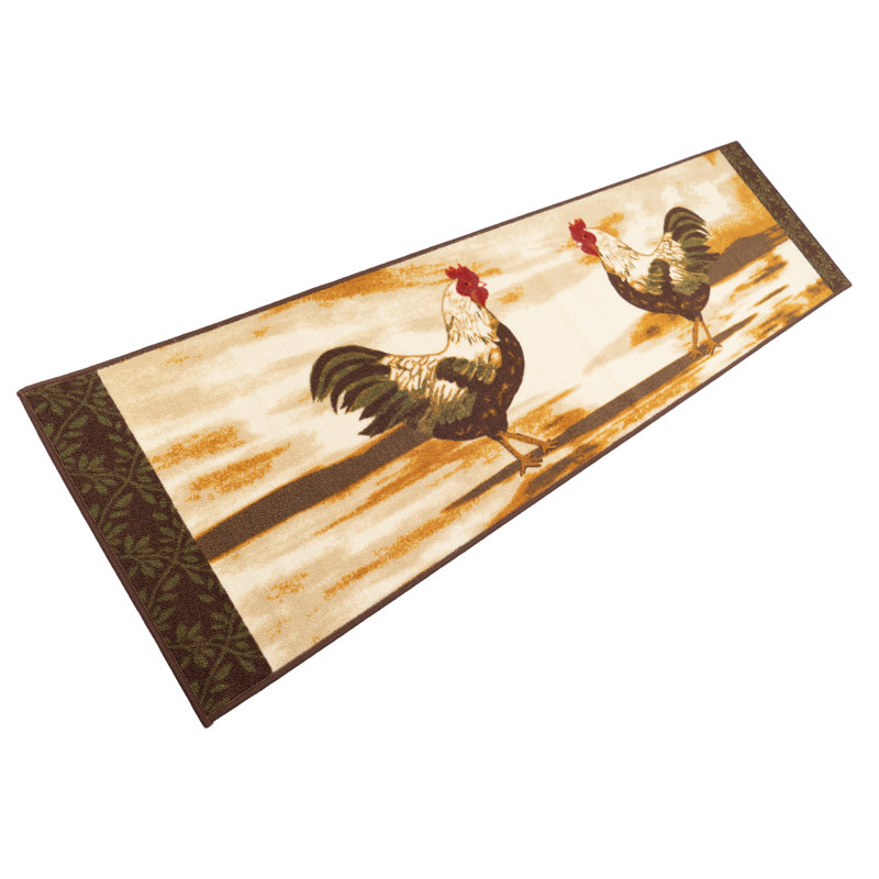 Machine Washable Printed Rooster Beige Brown Runner Rug and Mat, Runner 1'8" x 4'11"