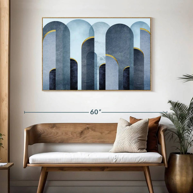 Arches bleu Mid-Century, Cadre flottant en bois naturel, 46 po x 31 po