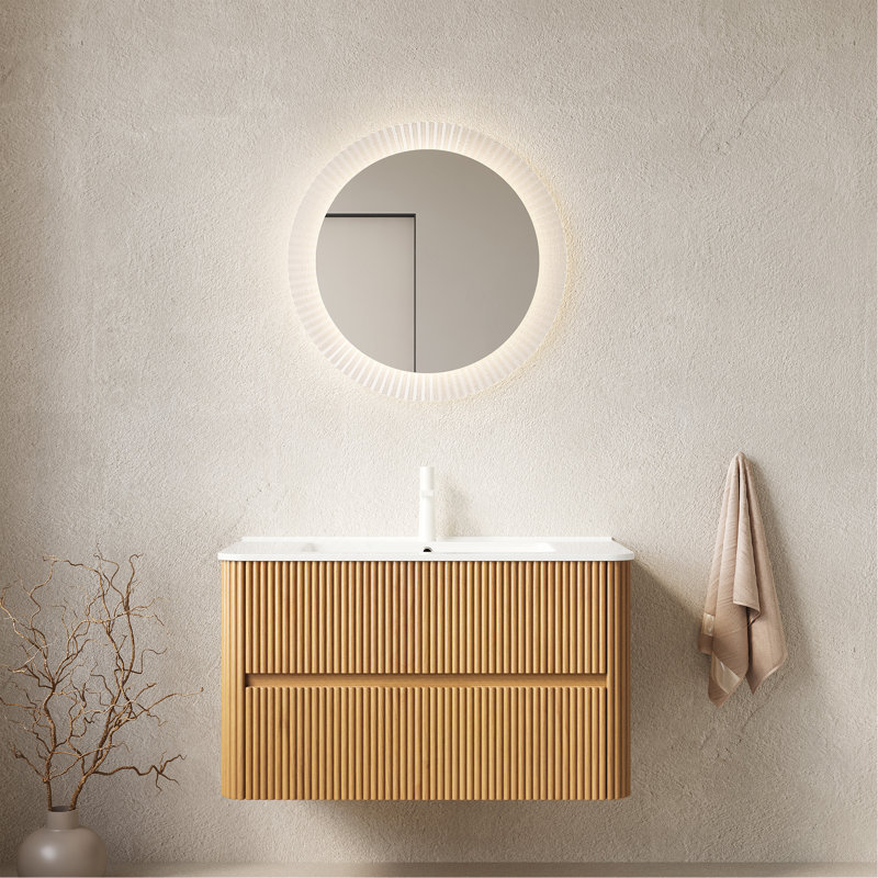 Meuble-lavabo de 36 po avec lavabo, armoire de rangement murale en contreplaqué flottant avec 2 tiroirs, lavabo en céramique blanche, sans robinet, grain de bois naturel pré-assemblé