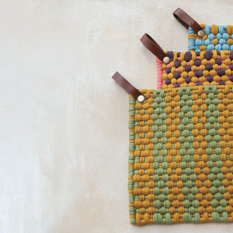 Multi-Tone Cotton Crocheted Pot Holder With Leather Loop