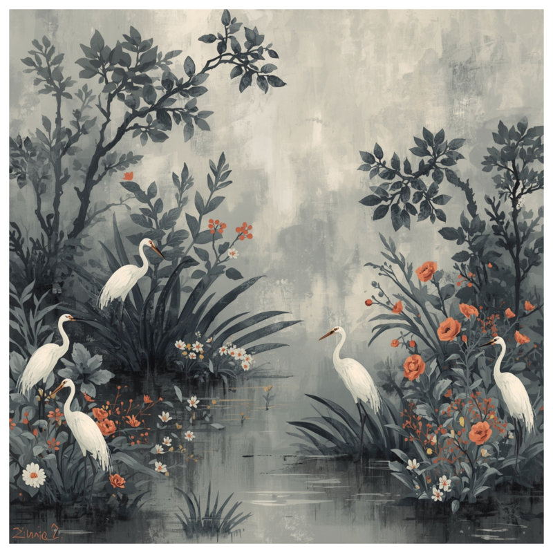 Coussins Egret In Floral Marsh, 14 X 14 pouces