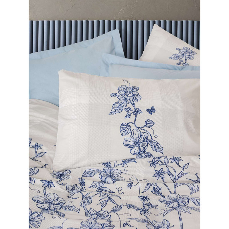 Premium Ranforce Single Quilt Cover Set, 100% Cotton, Blue | Duvet Cover 63 x 87, Flat Sheet 71 x 95, Pillowcase 20 x 28 | Machine Washable, Button Closure, Stylish Pigment Printing for Ultimate Comfort