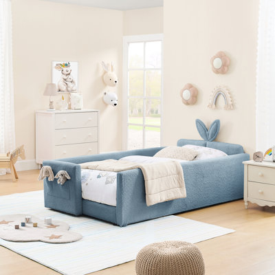 Lit simple tapissier avec tête de lit en lapin, matériau Boucle, garde et rangement, bleu ciel pour la chambre à coucher, revêtement mignon, rail, poche dans l'espace