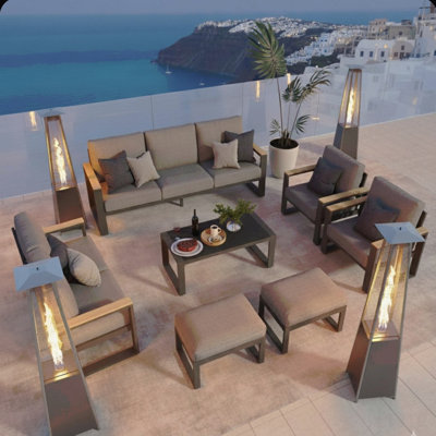All-Weather 7-Piece Ultra Aluminum Patio Furniture Set, 9-Seat Conversation Sofa With 10 Inches Extra Thick Gray Back Cushions, Glass Table And Ottoma