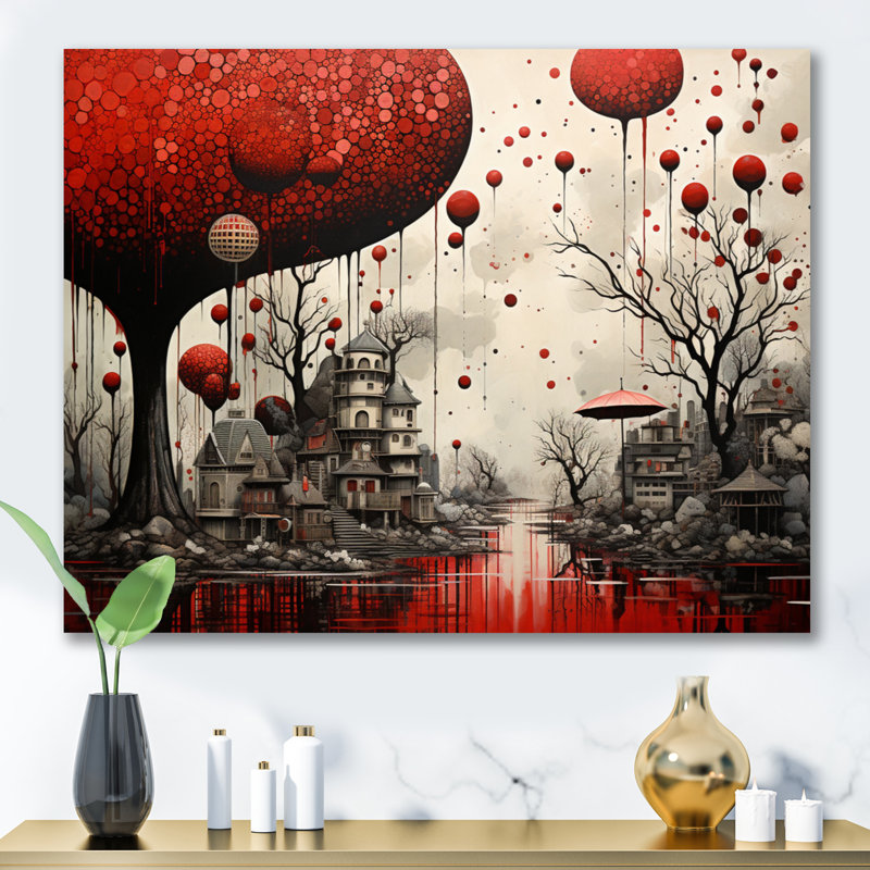 Surréalisme rouge et gris surréalisme I, H 34 po x l 44 po x P 1,5 po, Toile tendue
