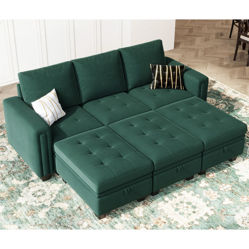 Shavera 6 - Piece 83.4'' Wide Velvet Sectional Sofa Apartment Sofa Bed Convertible Sleeper Couch with Storage Ottomans