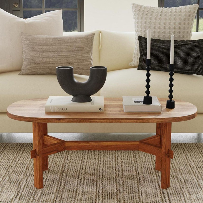 Table basse ovale en bois d'acacia massif rustique fabriqué à la main, style maison de campagne pour le salon