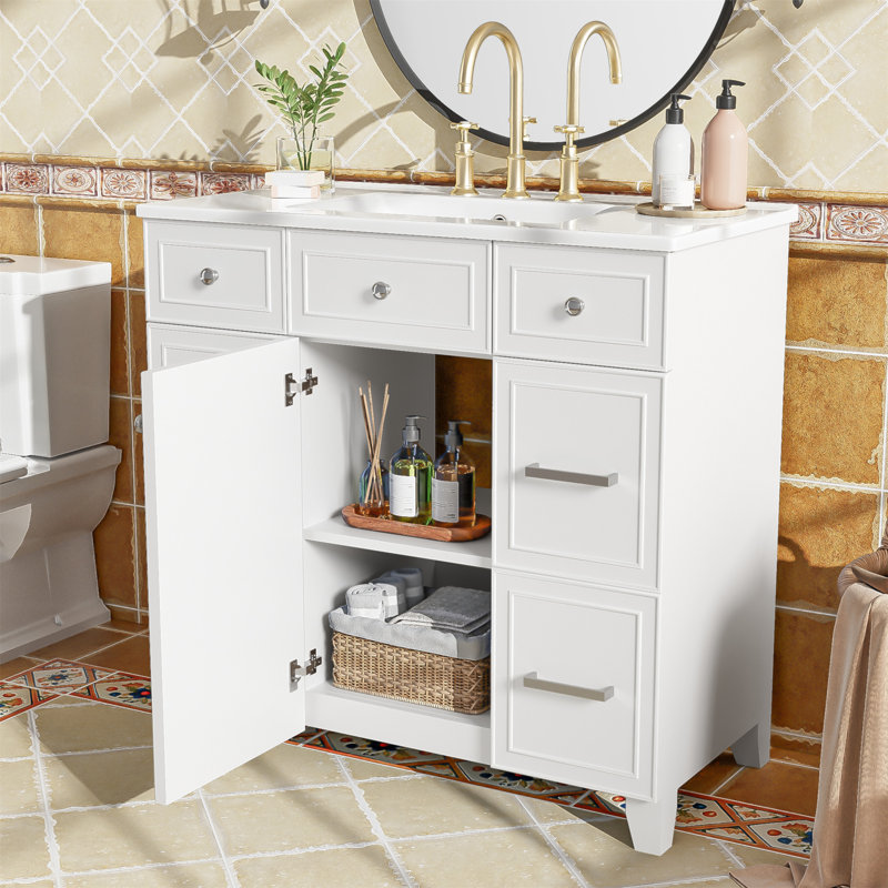 Meuble-lavabo de 36 pouces avec lavabo en céramique, structure en bois massif, portes à fermeture douce, tablettes réglables et 3 tiroirs avec tiroir profond pour le rangement du sèche-cheveux