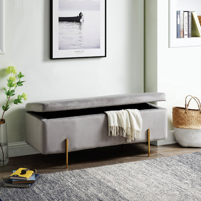 Mithra Velvet Upholstered Bench with Flip Top, Gray