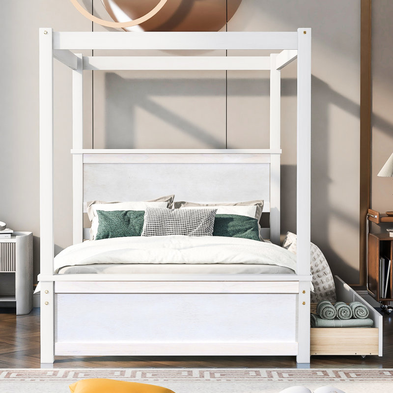 Lit plateforme double à baldaquin, aucun sommier requis, blanc brossé, avec 2 tiroirs pour un cadre de lit moderne peu encombrant, facile à assembler, pratique