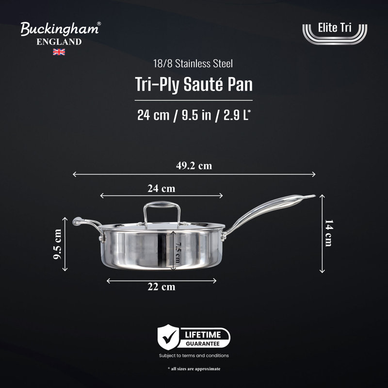 Buckingham Elite Tri-Ply 18/8 Stainless Steel Saute Pan with Helper Handle 24 cm , 2.9 Litres