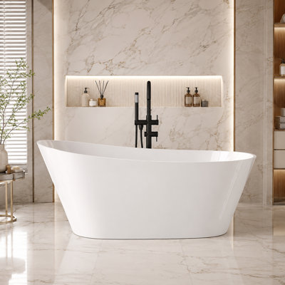 51" Glossy White Acrylic Single Slipper Freestanding Bathtub, Compact High-Back Deep Soaking Tub with 20" Depth and Integrated Slotted Overflow