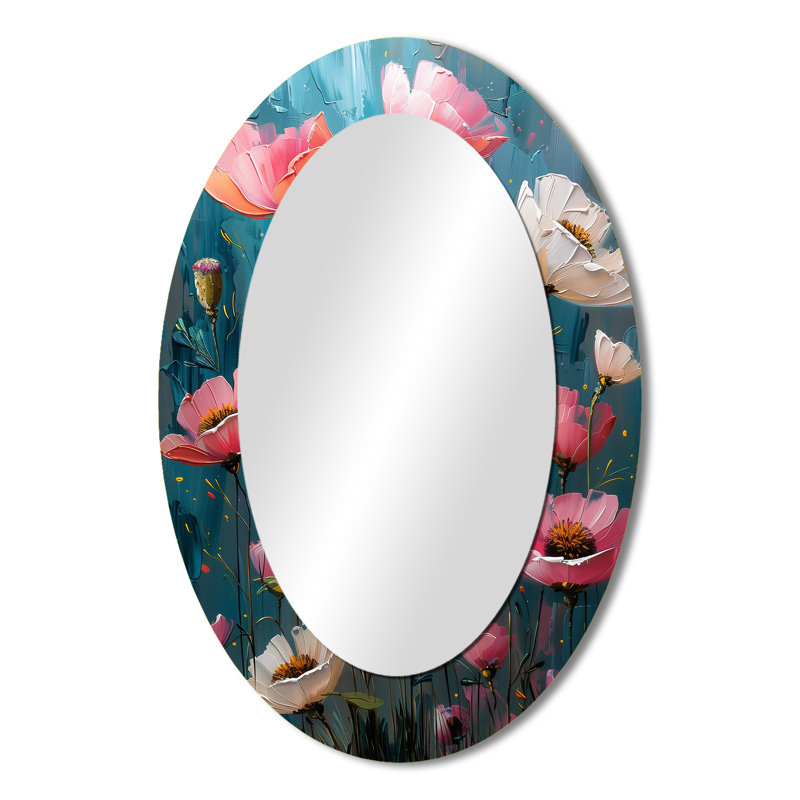 Pink White Vibrant Symphony Poppies II - Modern Oval Wall Mirror, 36" x 24"