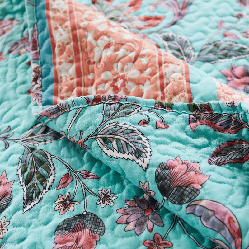 Turquoise and Coral Floral Quilted Reversible Throw Blanket