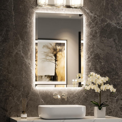 Miroir de salle de bain rétroéclairé 24 po x 36 po, miroir de meuble-lavabo à DEL sans cadre avec rebord biseauté, verre trempé, éclairage 3 couleurs, anti-buée, à intensité variable, à mémoire de forme, miroir mural éclairé pour évier