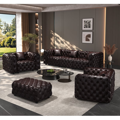 Canapé modulaire moderne en similicuir moderne, canapé 5 places capitonné à la main de qualité supérieure avec 1 repose-pieds et 5 coussins décoratifs pour le salon, brun foncé